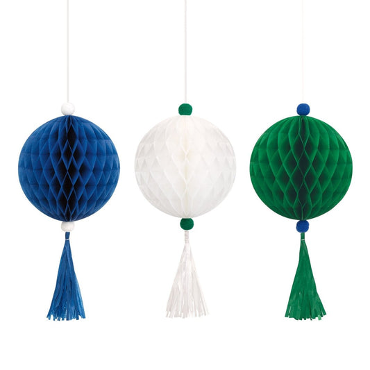 Blue, White & Green Honeycomb Decorations with Tassels - 40.6cm (Pack of 3) - The Party Marketplace