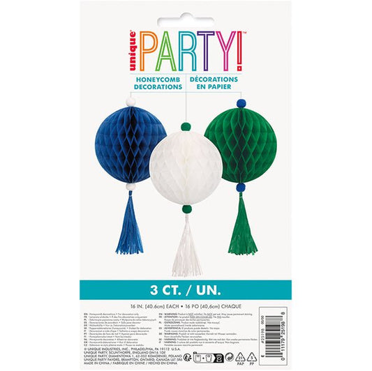 Blue, White & Green Honeycomb Decorations with Tassels - 40.6cm (Pack of 3) - The Party Marketplace