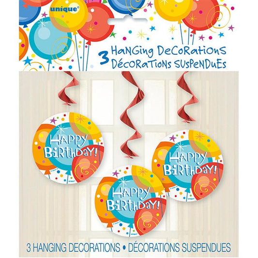Bright "Happy Birthday" Hanging Swirl Decorations (Pack of 3) - The Party Marketplace