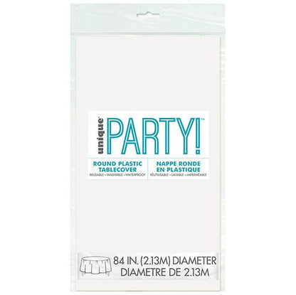 Bright White Round Plastic Tablecover 213cm - The Party Marketplace