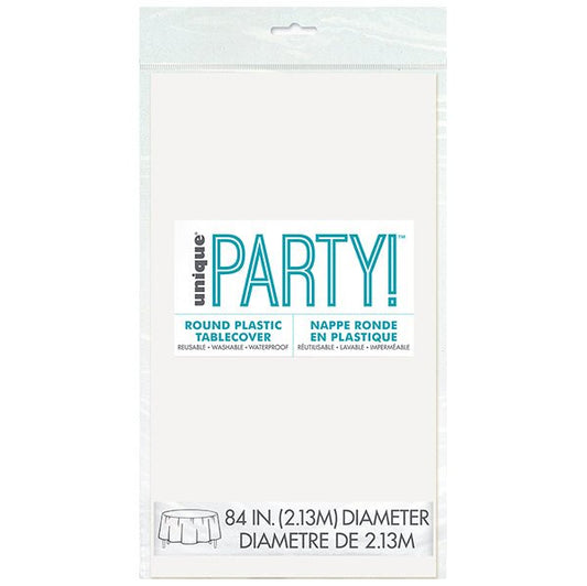 Bright White Round Plastic Tablecover 213cm - The Party Marketplace