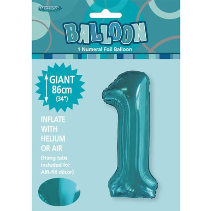 Caribbean Teal "1" Numeral Foil Balloon (86cm) - The Party Marketplace
