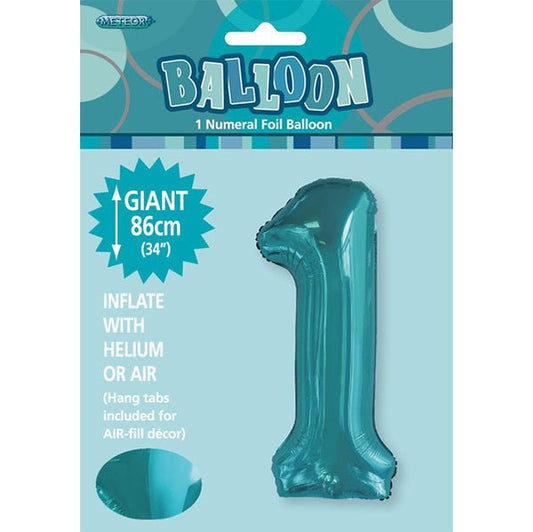 Caribbean Teal "1" Numeral Foil Balloon (86cm) - The Party Marketplace