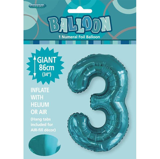 Caribbean Teal "3" Numeral Foil Balloon (86cm) - The Party Marketplace