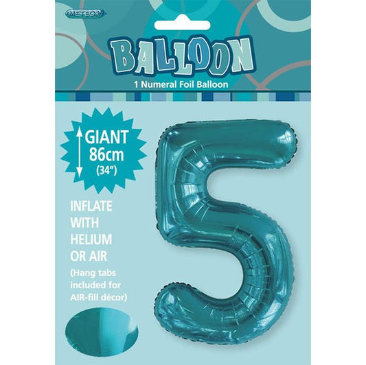 Caribbean Teal "5" Numeral Foil Balloon (86cm) - The Party Marketplace