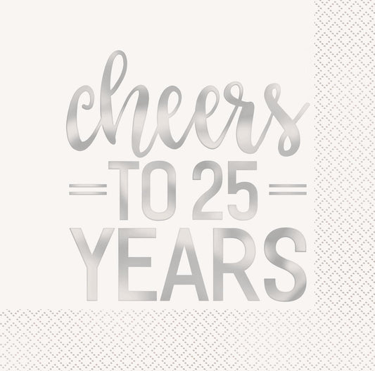 "Cheers To 25 Years" Silver Foil Stamped Luncheon Napkins (Pack of 16) - The Party Marketplace