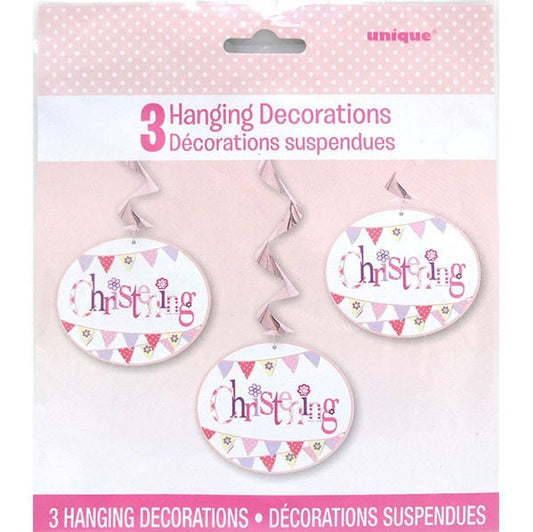 Christening Pink Hanging Swirl Decorations (Pack of 3) - The Party Marketplace