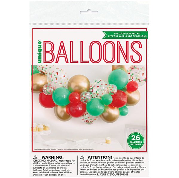 Christmas Green, Red & Gold Balloon Garland Kit (26 piece set) - The Party Marketplace