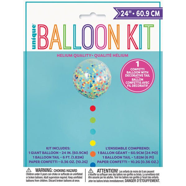 Clear Balloon with Multicoloured Confetti & Dots Tail 60.9cm - The Party Marketplace