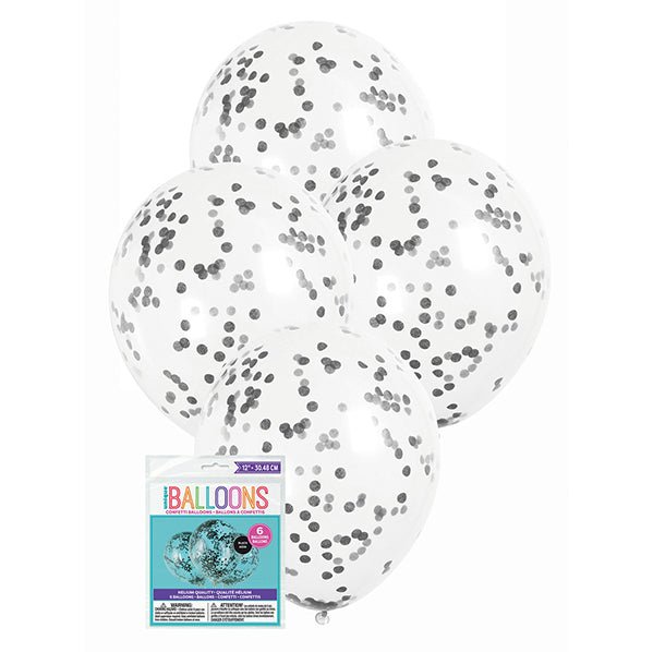 Clear Balloons With Black Confetti Balloons 30cm (Pack of 6) - The Party Marketplace
