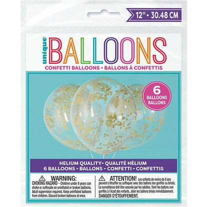 Clear Balloons With Gold Confetti Balloons 30cm (Pack of 6) - The Party Marketplace