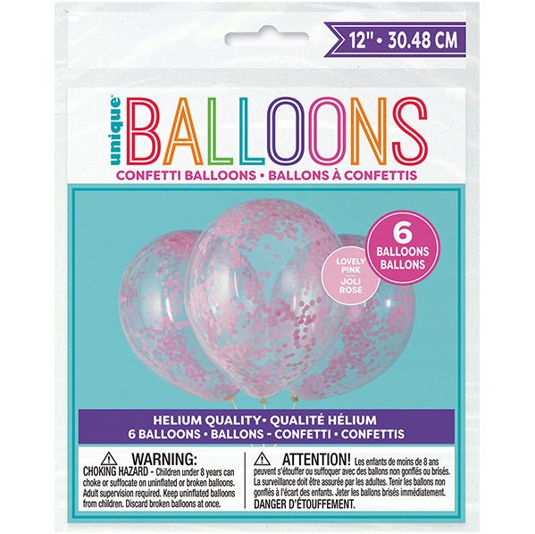Clear Balloons With Lovely Pink Confetti Balloons 30cm (Pack of 6) - The Party Marketplace
