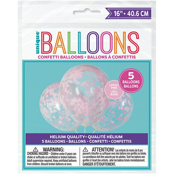 Clear Balloons With Lovely Pink Heart Confetti Balloons 40cm (Pack of 5) - The Party Marketplace