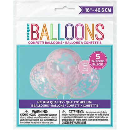 Clear Balloons With Lovely Pink Heart Confetti Balloons 40cm (Pack of 5) - The Party Marketplace