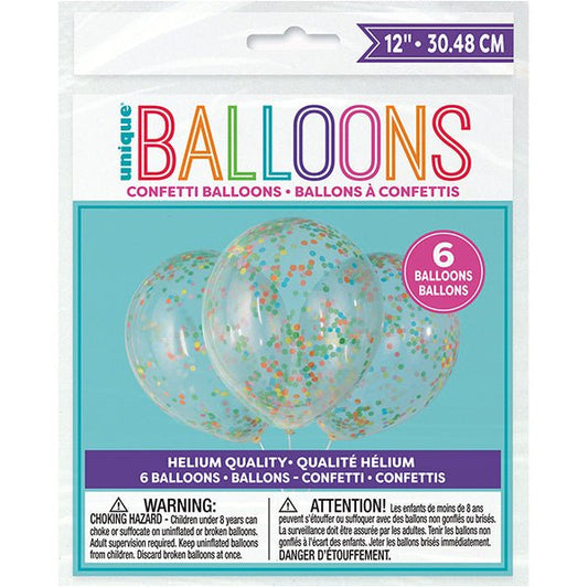 Clear Balloons With Multi Coloured Confetti Balloons 30cm (Pack of 6) - The Party Marketplace