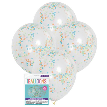 Clear Balloons With Multi Coloured Confetti Balloons 30cm (Pack of 6) - The Party Marketplace