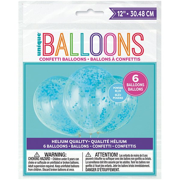 Clear Balloons With Powder Blue Confetti Balloons 30cm (Pack of 6) - The Party Marketplace