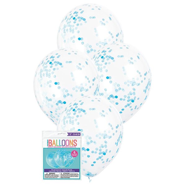 Clear Balloons With Powder Blue Confetti Balloons 30cm (Pack of 6) - The Party Marketplace