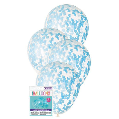 Clear Balloons With Powder Blue Heart Confetti Balloons 40cm (Pack of 5) - The Party Marketplace