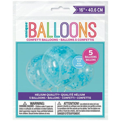 Clear Balloons With Powder Blue Heart Confetti Balloons 40cm (Pack of 5) - The Party Marketplace