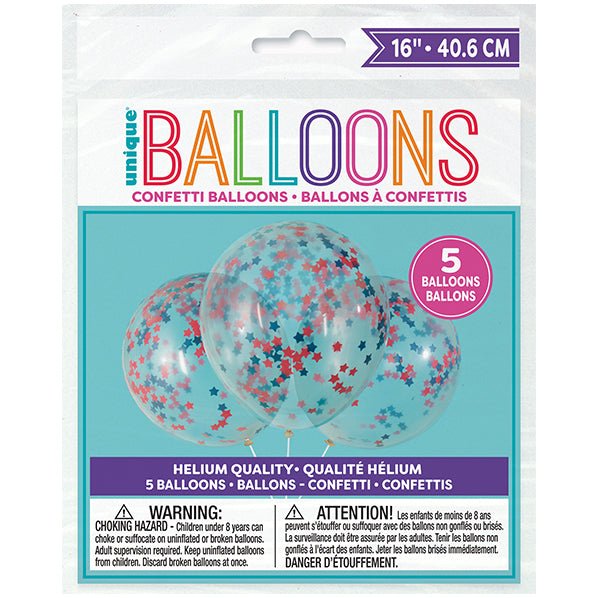 Clear Balloons With Red & Blue Star Tissue Confetti Balloons 40cm (Pack of 5) - The Party Marketplace