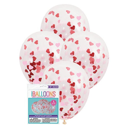 Clear Balloons With Red & Pink Heart Shaped Confetti Balloons 40cm (Pack of 5) - The Party Marketplace