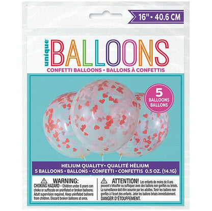 Clear Balloons With Red & Pink Heart Shaped Confetti Balloons 40cm (Pack of 5) - The Party Marketplace