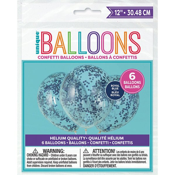 Clear Balloons With Royal Blue Confetti Balloons 30cm (Pack of 6) - The Party Marketplace