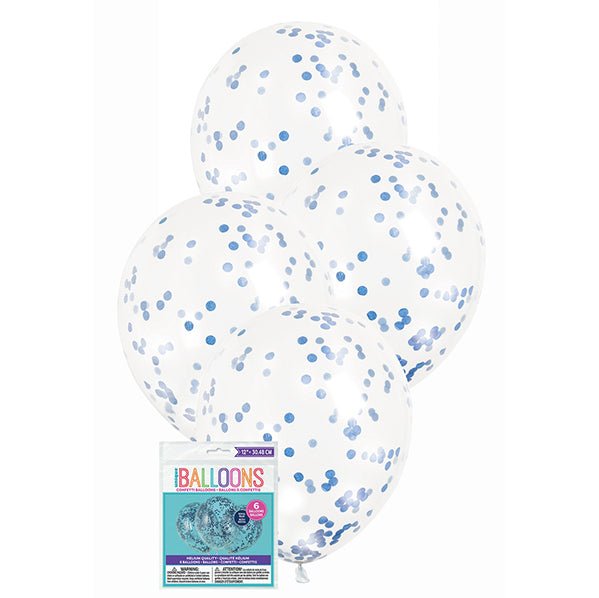 Clear Balloons With Royal Blue Confetti Balloons 30cm (Pack of 6) - The Party Marketplace