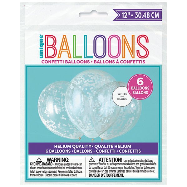 Clear Balloons With White Confetti Balloons 30cm (Pack of 6) - The Party Marketplace