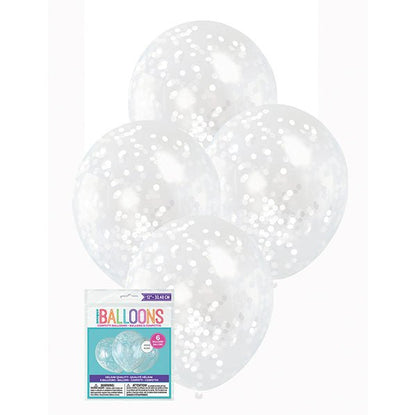 Clear Balloons With White Confetti Balloons 30cm (Pack of 6) - The Party Marketplace
