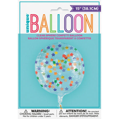 Clear Sphere Helium Balloon Filled with Star Confetti - 38.1cm - The Party Marketplace