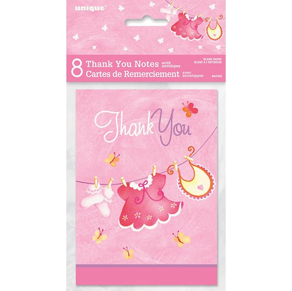 Clothesline Pink Baby Shower - Thank You Notes (Pack of 8) - The Party Marketplace