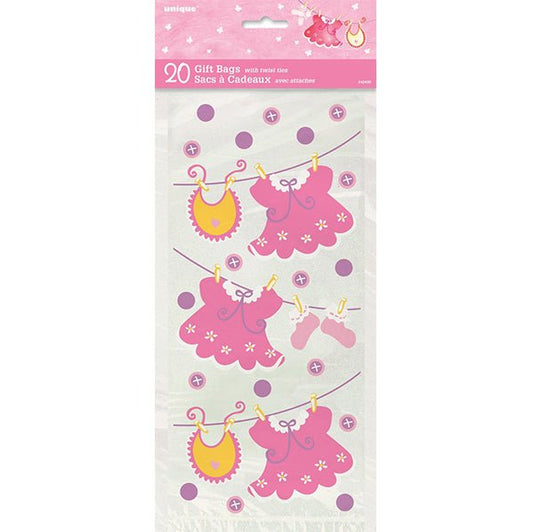 Clothesline Pink "It's A Girl" Cello Bags (Pack of 20) - The Party Marketplace