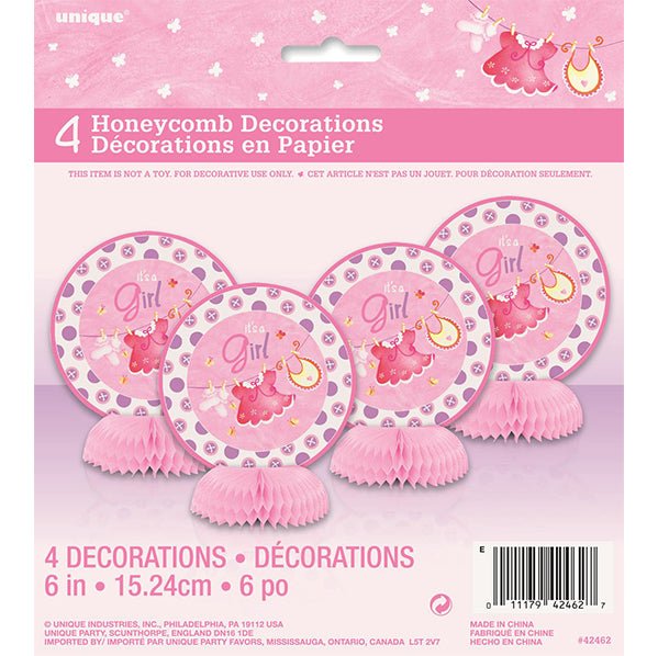 Clothesline Pink "It's A Girl" Mini Honeycomb Decorations (Pack of 4) - The Party Marketplace