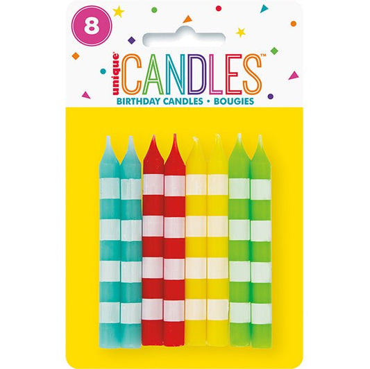 Colour Striped Candles - Assorted Candles (Pack of 8) - The Party Marketplace