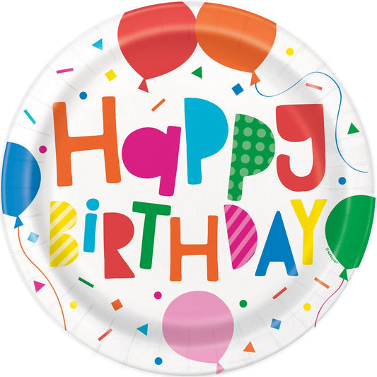 Colourful Balloons "Happy Birthday" Paper Plates 23cm (Pack of 8) - The Party Marketplace