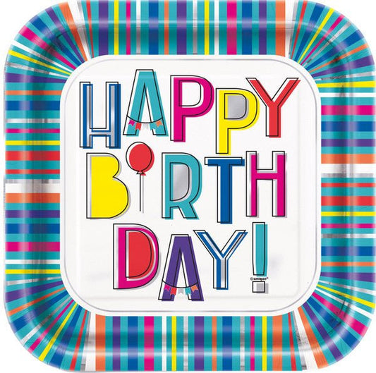 Colourful Birthday Foil Stamped Square Paper Plates 23cm (Pack of 8) - The Party Marketplace