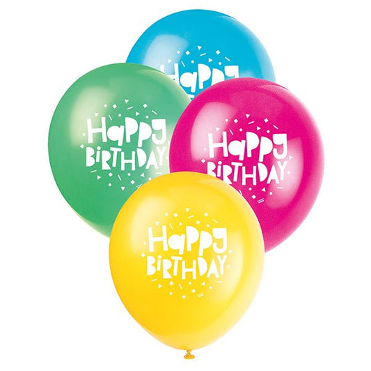 Colourful Birthday "Happy Birthday" Assorted Colour Balloons 30cm (Pack of 8) - The Party Marketplace