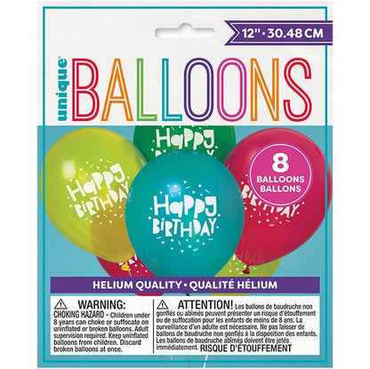 Colourful Birthday "Happy Birthday" Assorted Colour Balloons 30cm (Pack of 8) - The Party Marketplace