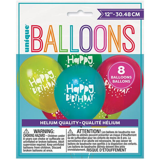 Colourful Birthday "Happy Birthday" Assorted Colour Balloons 30cm (Pack of 8) - The Party Marketplace