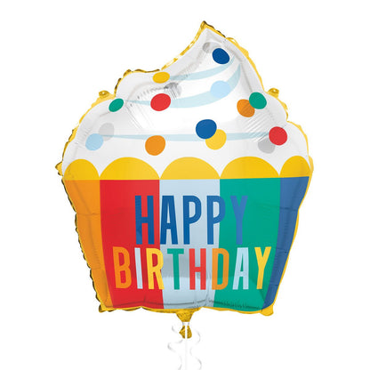 Colourful "Happy Birthday" Cupcake Customisable Foil Balloon 63.5cm - The Party Marketplace