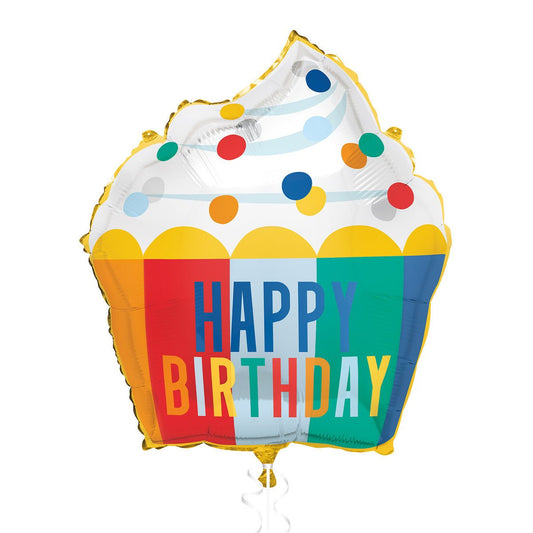 Colourful "Happy Birthday" Cupcake Customisable Foil Balloon 63.5cm - The Party Marketplace