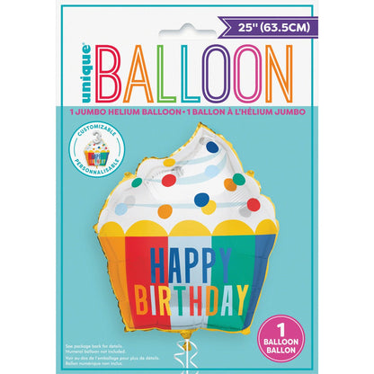 Colourful "Happy Birthday" Cupcake Customisable Foil Balloon 63.5cm - The Party Marketplace