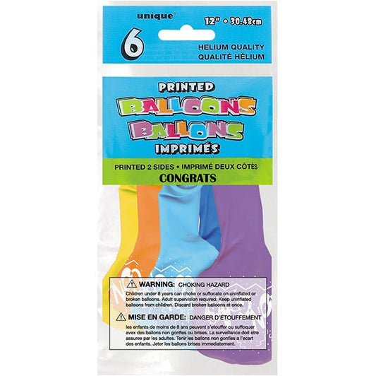 "Congrats" Assorted Colour Balloons 30cm (Pack of 6) - The Party Marketplace