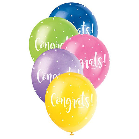"Congrats" Assorted Colour Pearl Balloons 30cm (Pack of 5) - The Party Marketplace