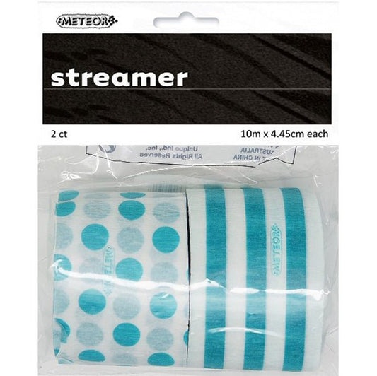 Crepe Streamers Stripes & Dots - Caribbean Teal (Pack of 2) - The Party Marketplace