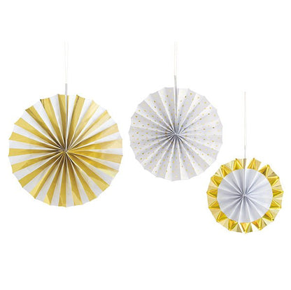 Decorative Fan - Foil Stamped Gold & White Assorted (Pack of 3) - The Party Marketplace