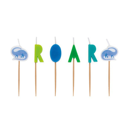 Dinosaur "Roar" Blue & Green Pick Birthday Candles (Pack of 6) - The Party Marketplace