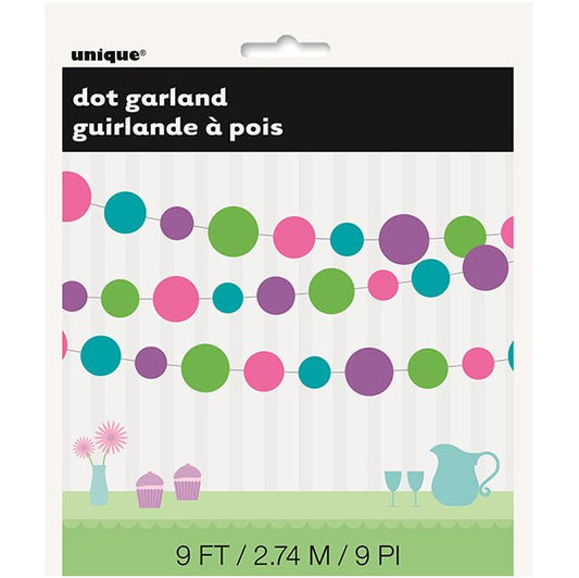 Dots Paper Garland - Green, Hot Pink, Caribbean Teal & Pretty Purple (2.74m) - The Party Marketplace